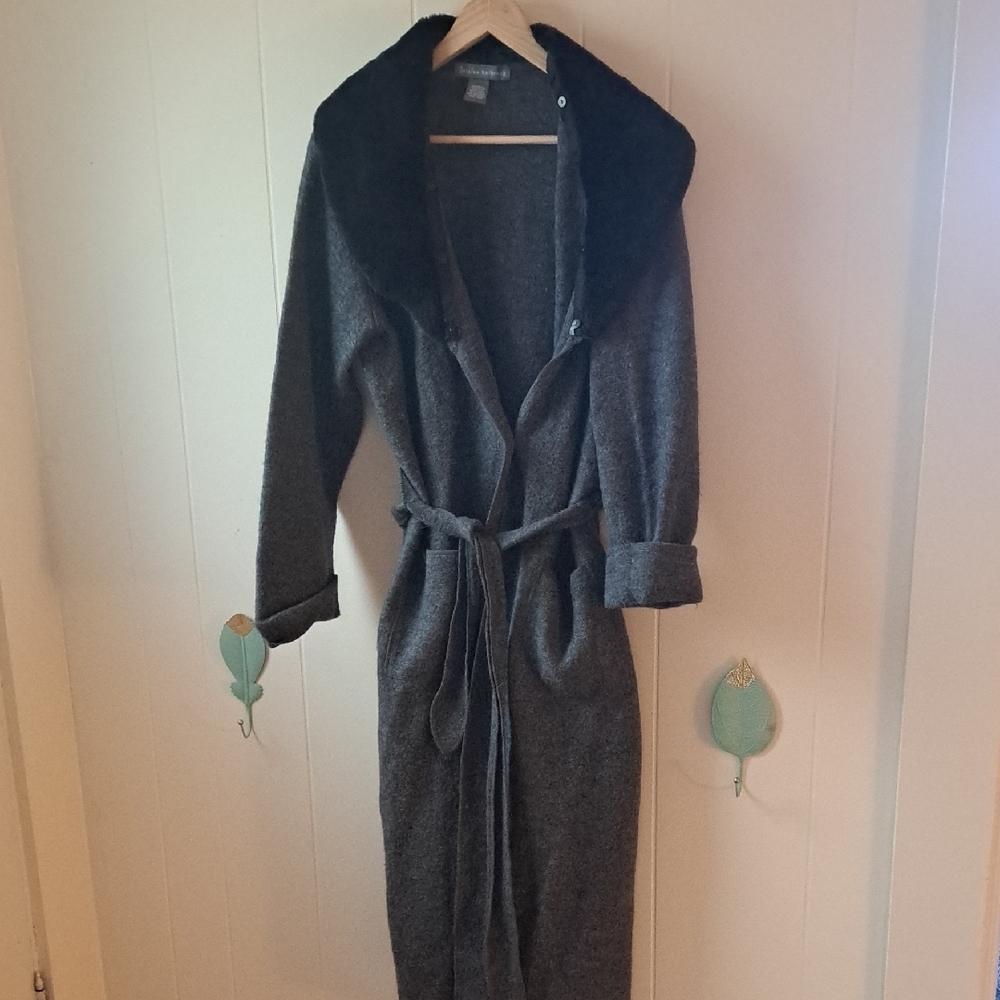 Long Dark Gray 100 %Wool Coatigan with Faux Fur Collar By JESSICA HOLBROOK S